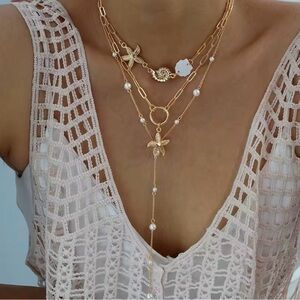 Chic Gold 3 Layers Star Fish Sea Shells Necklace with Pearl Accents